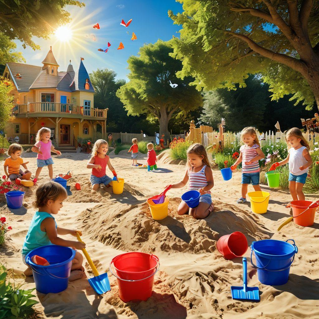 A lively outdoor scene depicting children joyfully engaged in various sandbox activities, with colorful buckets and shovels, building castles and shapes in the sand. The sun shines brightly overhead, surrounded by lush green trees and cheerful flowers. Include a rainbow in the background and some playful animals nearby. The atmosphere is filled with laughter and excitement. vibrant colors. super-realistic.