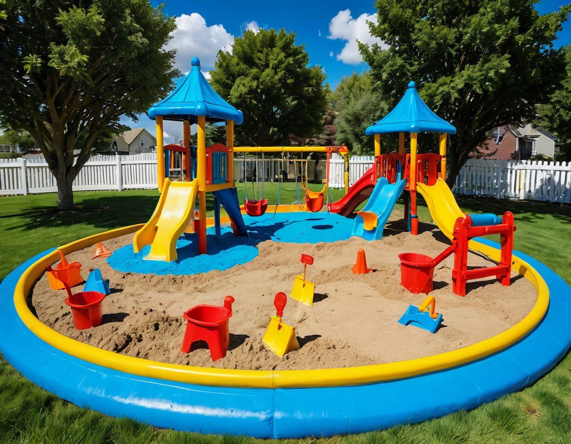 A colorful playground featuring children playing in a large sandbox, filled with various creative tools like buckets, shovels, and molds. Surround the sandbox with trees and cheerful decorations, showcasing kids engaged in imaginative play, building castles and digging. Include a bright blue sky with fluffy clouds and vibrant splashes of color throughout the scene to evoke joy and creativity. cartoon style. vibrant colors.