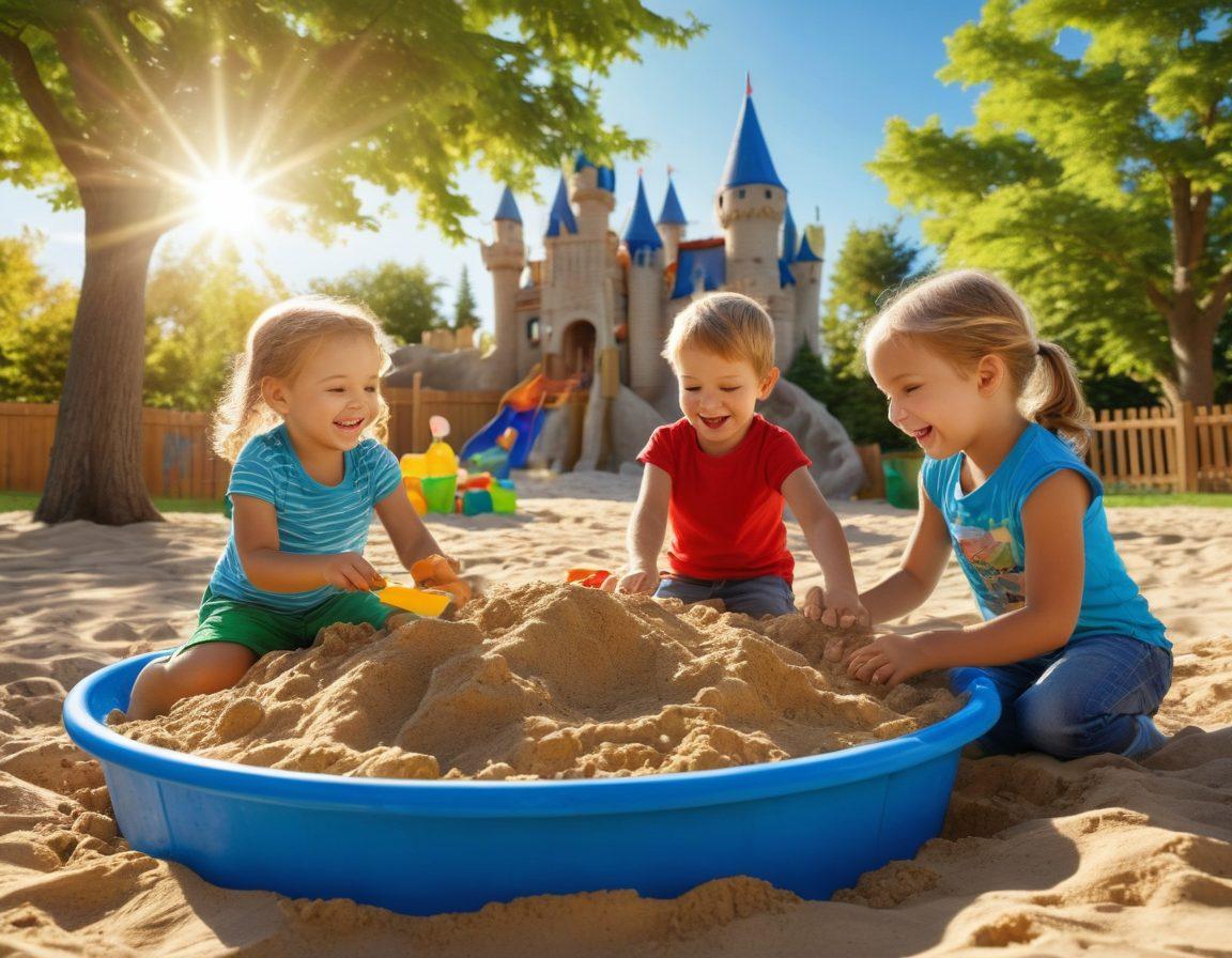 A vibrant outdoor playground filled with children happily engaging in sandbox games, with colorful toys and buckets of sand. Lush green trees in the background and a bright blue sky above, creating a joyful atmosphere. Diverse children laughing and building castles, embodying the essence of fun and collaboration. A golden sun casting warm light on the scene. super-realistic. vibrant colors. 3D.